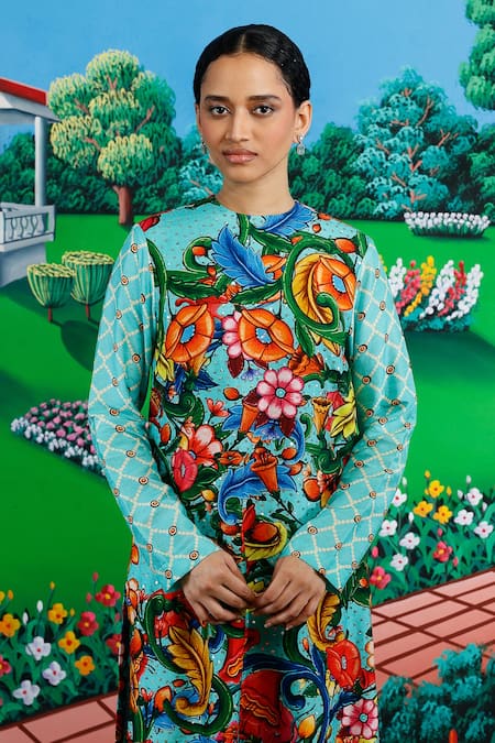 Buy_Saksham & Neharicka_Mint Viscose, Dupion Embroidery Round Neck Mitali Printed And Kurta Pant Set _Online_at_Aza_Fashions