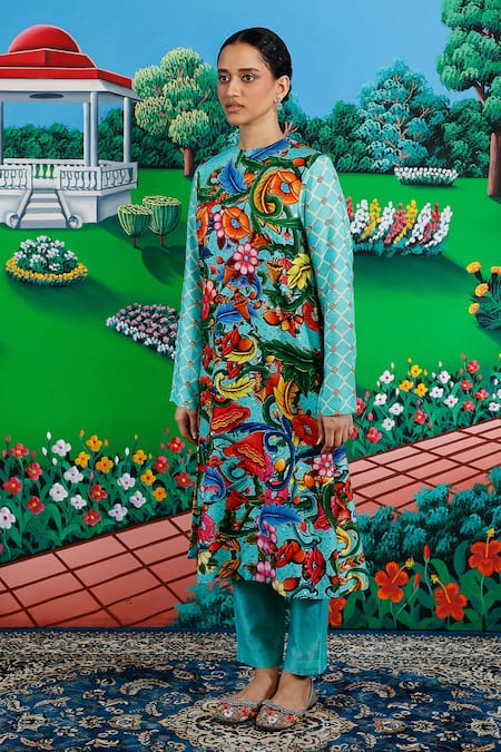 Shop_Saksham & Neharicka_Mint Viscose, Dupion Embroidery Round Neck Mitali Printed And Kurta Pant Set _Online_at_Aza_Fashions