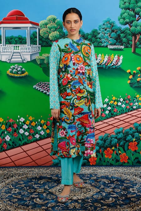 Buy_Saksham & Neharicka_Mint Viscose, Dupion Embroidery Round Neck Mitali Printed And Kurta Pant Set 