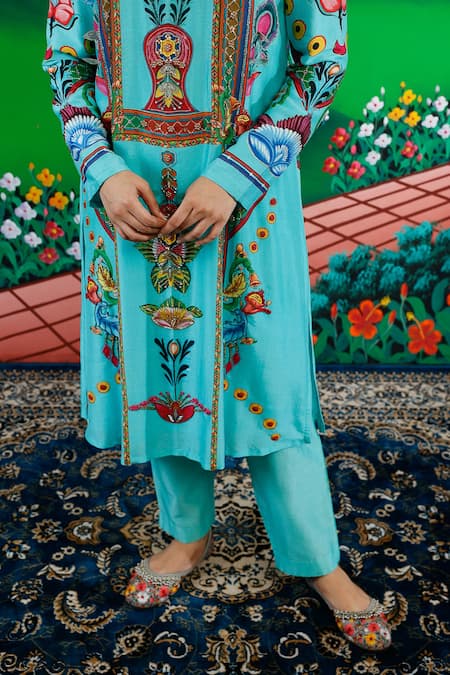Saksham & Neharicka_Mint Silk, Cotton Embroidery Round Neck Sitabi Printed Kurta And Pant Set _Online_at_Aza_Fashions
