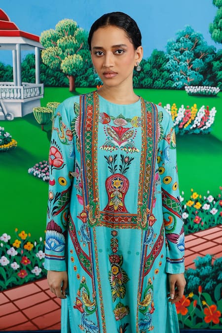 Buy_Saksham & Neharicka_Mint Silk, Cotton Embroidery Round Neck Sitabi Printed Kurta And Pant Set _Online_at_Aza_Fashions