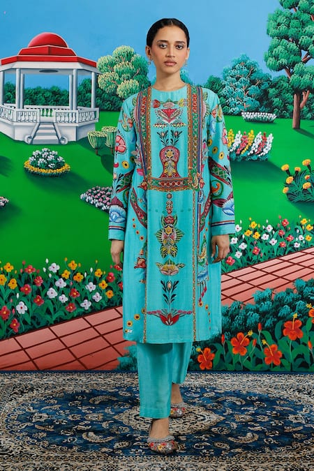 Shop_Saksham & Neharicka_Mint Silk, Cotton Embroidery Round Neck Sitabi Printed Kurta And Pant Set _Online_at_Aza_Fashions