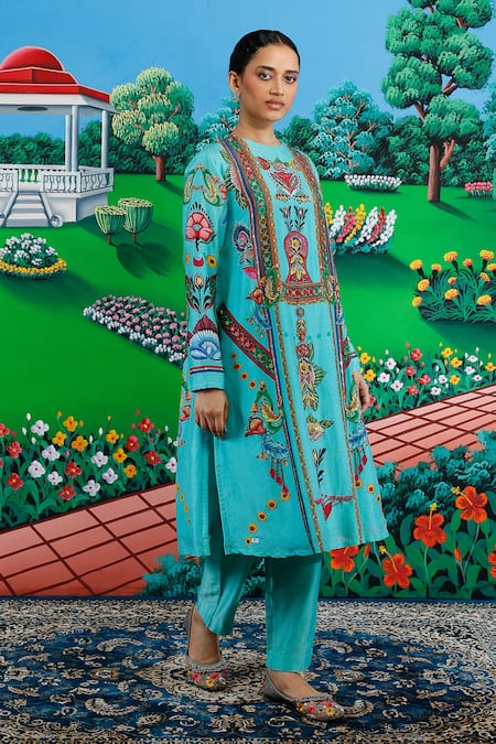 Buy_Saksham & Neharicka_Mint Silk, Cotton Embroidery Round Neck Sitabi Printed Kurta And Pant Set 