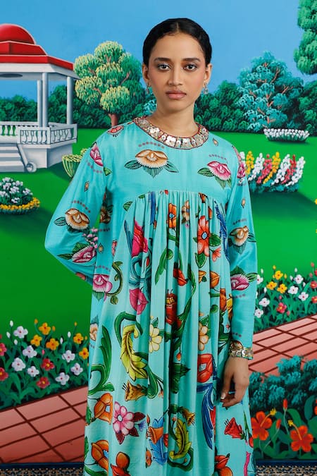 Saksham & Neharicka_Mint Cotton, Silk Embroidery Round Neck Ketki Printed Kurta And Pant Set _Online_at_Aza_Fashions