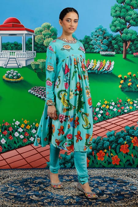 Buy_Saksham & Neharicka_Mint Cotton, Silk Embroidery Round Neck Ketki Printed Kurta And Pant Set _Online_at_Aza_Fashions