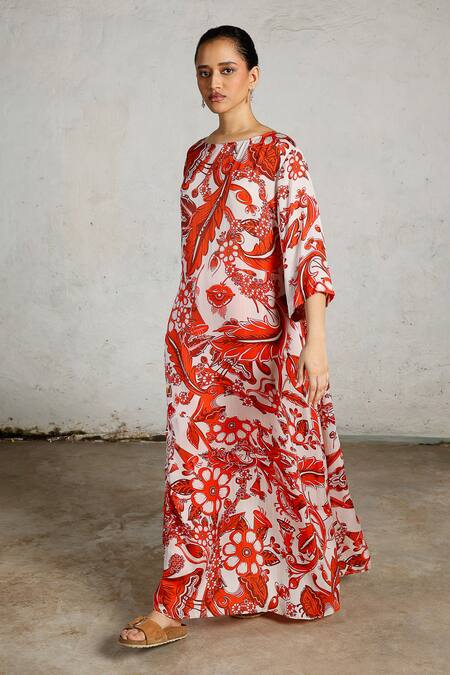 Saksham & Neharicka_Red Satin Embroidery Boat Neck Lara Printed Kaftan _Online_at_Aza_Fashions