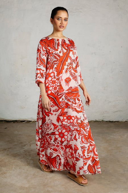 Shop_Saksham & Neharicka_Red Satin Embroidery Boat Neck Lara Printed Kaftan _Online_at_Aza_Fashions