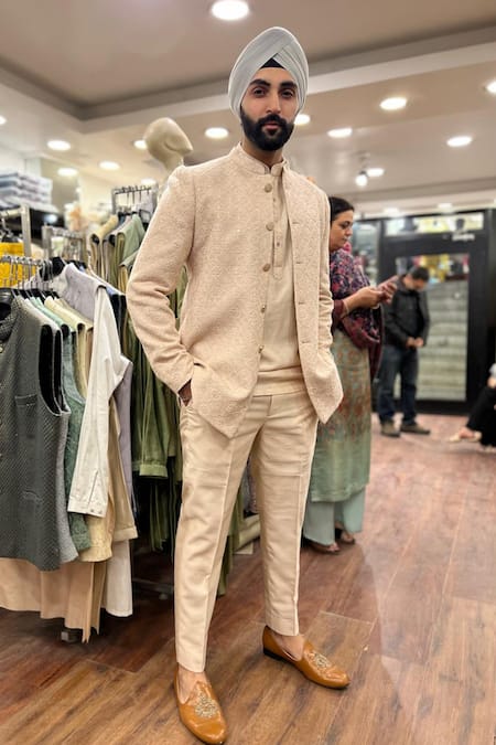 SALIL BHATIA_Beige , Chanderi Sequins, Embroidery Shaan Mahal Bandhgala Set _Online_at_Aza_Fashions