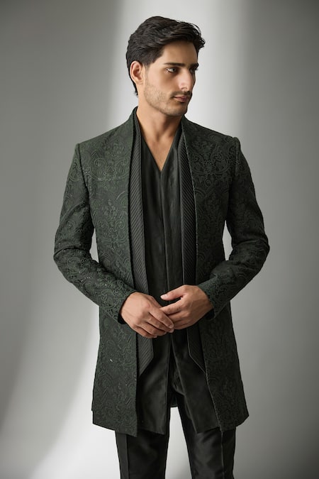 Buy_SALIL BHATIA_Emerald Green Chanderi Silk, Raj Mahal Embellished Sherwani Jacket And Kurta Set _Online_at_Aza_Fashions