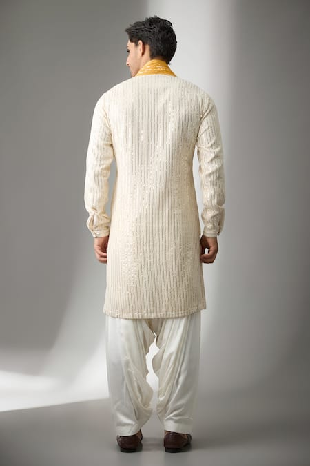 Shop SALIL BHATIA Ivory Georgette, Modal, Satin Embroidery Tara Mahal Thread Work Kurta Set at Aza Fashions Shop_SALIL BHATIA_Ivory Georgette, Modal, Satin Embroidery Tara Mahal Thread Work Kurta Set _at_Aza_Fashions