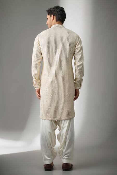 Shop SALIL BHATIA Ivory Georgette, Modal, Satin Embroidery Tara Mahal Thread Work Kurta Set Online at Aza Fashions Shop_SALIL BHATIA_Ivory Georgette, Modal, Satin Embroidery Tara Mahal Thread Work Kurta Set _Online_at_Aza_Fashions