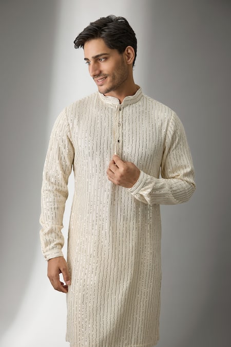 Buy SALIL BHATIA Ivory Georgette, Modal, Satin Embroidery Tara Mahal Thread Work Kurta Set Buy_SALIL BHATIA_Ivory Georgette, Modal, Satin Embroidery Tara Mahal Thread Work Kurta Set