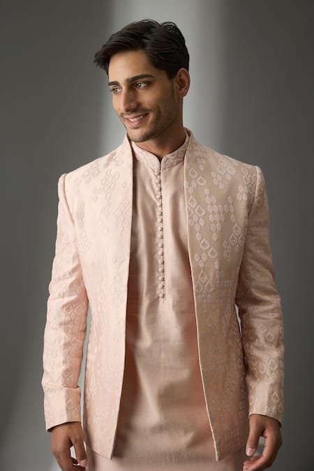 SALIL BHATIA_Peach Chanderi Silk Sequins, Embroidery Zari Mahal Embellished Jacket Kurta Set _Online_at_Aza_Fashions
