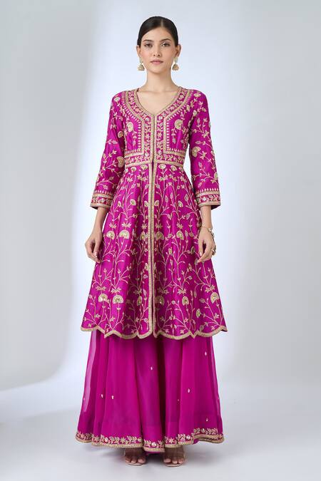 Surbhi Shah Magenta Organza Embroidery, Zari, Sequins V-neck Peplum Kurta Sharara Set at Aza Fashions Surbhi Shah_Magenta Organza Embroidery, Zari, Sequins V-neck Peplum Kurta Sharara Set _at_Aza_Fashions