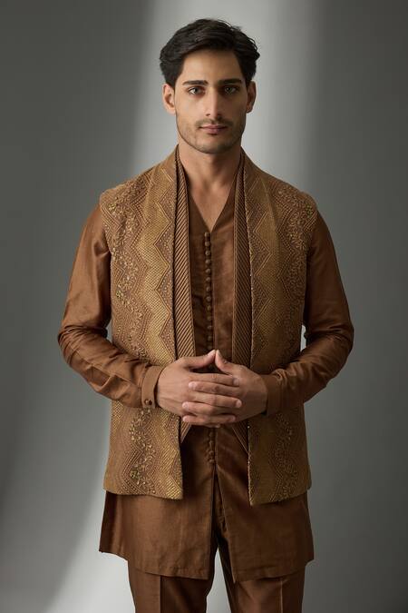 Buy_SALIL BHATIA_Rust Georgette, Chanderi Silk Pracheen Mahal Embellished Layered Bundi Kurta Set _Online_at_Aza_Fashions
