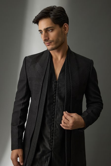 Buy_SALIL BHATIA_Black Silk, Chanderi Zari, Amulya Mahal Embellished Sherwani Jacket Kurta Set _Online_at_Aza_Fashions