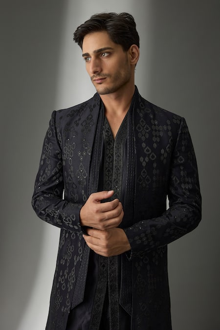 SALIL BHATIA_Navy Organza, Chanderi Mahal Embellished Sherwani Jacket Kurta Set _Online_at_Aza_Fashions