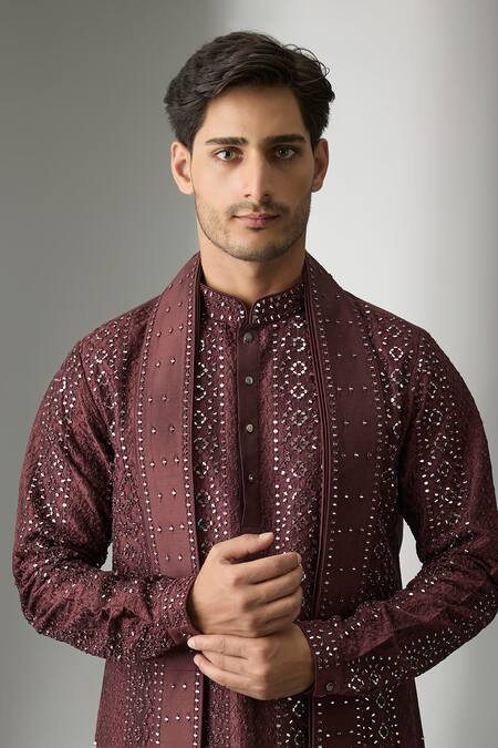 Shop SALIL BHATIA Wine , Modal, Satin, Chanderi Ainaa Mahal Pure Work Kurta Set Online at Aza Fashions Shop_SALIL BHATIA_Wine , Modal, Satin, Chanderi Ainaa Mahal Pure Work Kurta Set _Online_at_Aza_Fashions