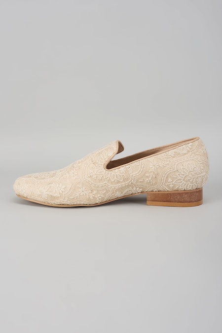SALIL BHATIA_Beige Embroidery, Sequins Swaroop Mahal Silk Thread Embellished Loafers _Online_at_Aza_Fashions
