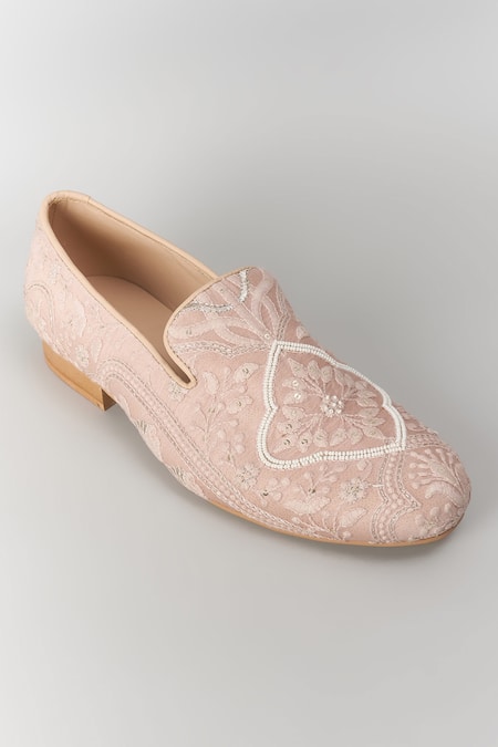 Buy_SALIL BHATIA_Beige Zari, Metallic Thread, Sequins Taj Mahal And Pearl Embellished Loafers _Online_at_Aza_Fashions