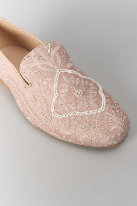 Shop_SALIL BHATIA_Beige Zari, Metallic Thread, Sequins Taj Mahal And Pearl Embellished Loafers _Online_at_Aza_Fashions
