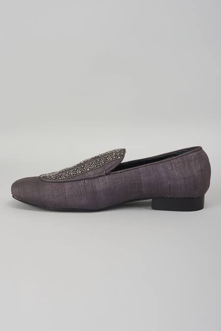 SALIL BHATIA_Charcoal Sequins, Stones Sheesh Mahal Silk Cutdana Embellished Loafers _Online_at_Aza_Fashions
