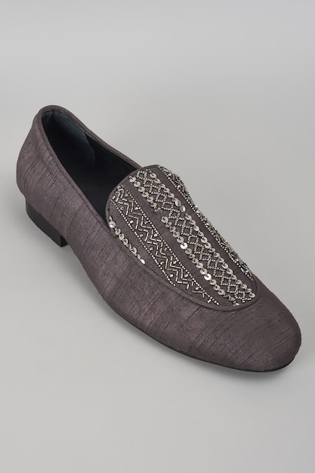 Buy_SALIL BHATIA_Charcoal Sequins, Stones Sheesh Mahal Silk Cutdana Embellished Loafers _Online_at_Aza_Fashions