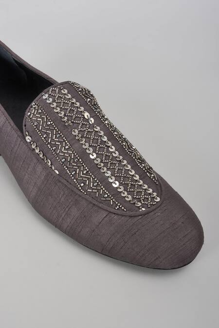 Shop_SALIL BHATIA_Charcoal Sequins, Stones Sheesh Mahal Silk Cutdana Embellished Loafers _Online_at_Aza_Fashions