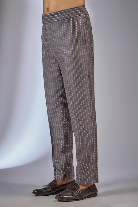 SALIL BHATIA_Charcoal Chanderi Silk Zari, Metallic Thread, Embellished Bandhgala Set _Online_at_Aza_Fashions