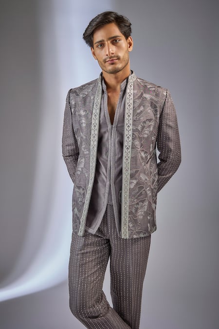 Buy_SALIL BHATIA_Charcoal Chanderi Silk Zari, Metallic Thread, Embellished Bandhgala Set _Online_at_Aza_Fashions