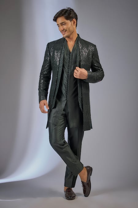 SALIL BHATIA Green Chanderi Silk Sequins Reet Mahal Embellished Sherwani Jacket Set