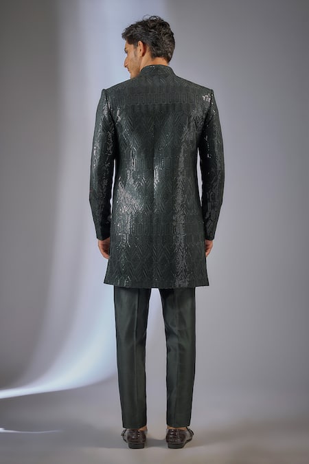 Shop SALIL BHATIA Green Chanderi Silk Sequins Reet Mahal Embellished Sherwani Jacket Set at Aza Fashions Shop_SALIL BHATIA_Green Chanderi Silk Sequins Reet Mahal Embellished Sherwani Jacket Set _at_Aza_Fashions