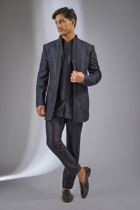 SALIL BHATIA Blue Chanderi Silk Sequins, Zari Zaara Mahal Embellished Jacket Kurta Set