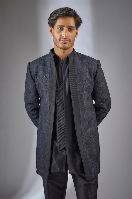 SALIL BHATIA Blue Chanderi Silk Sequins, Zari Zaara Mahal Embellished Jacket Kurta Set Online at Aza Fashions SALIL BHATIA_Blue Chanderi Silk Sequins, Zari Zaara Mahal Embellished Jacket Kurta Set _Online_at_Aza_Fashions