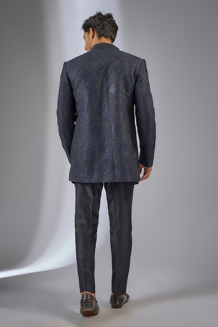 Shop SALIL BHATIA Blue Chanderi Silk Sequins, Zari Zaara Mahal Embellished Jacket Kurta Set at Aza Fashions Shop_SALIL BHATIA_Blue Chanderi Silk Sequins, Zari Zaara Mahal Embellished Jacket Kurta Set _at_Aza_Fashions