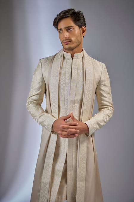 Buy_SALIL BHATIA_Ivory , Chanderi Zari, Sequins Mahal Raw Embellished Sherwani Set _Online_at_Aza_Fashions