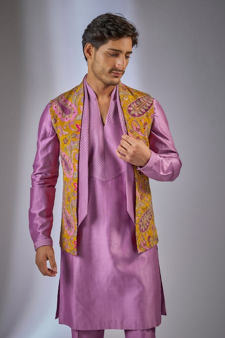 Buy_SALIL BHATIA_Yellow , Chanderi Embroidery Rang Mahal Nehru Jacket Set _Online_at_Aza_Fashions