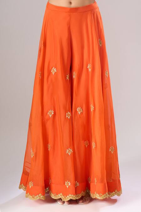 Buy_Surbhi Shah_Orange Organza Embroidery, Metallic Thread, Sequins V-neck Kurta Sharara Set 