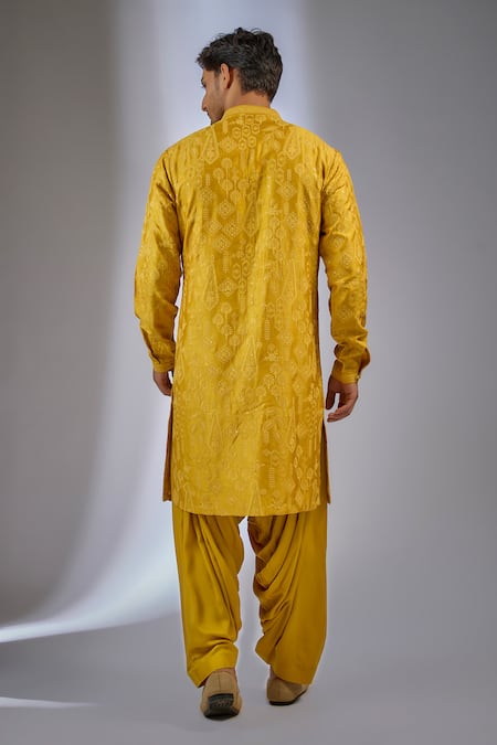 Shop SALIL BHATIA Mustard Modal, Satin Embroidery, Sequins Bahaar Mahal Embellished Kurta Set at Aza Fashions Shop_SALIL BHATIA_Mustard Modal, Satin Embroidery, Sequins Bahaar Mahal Embellished Kurta Set _at_Aza_Fashions