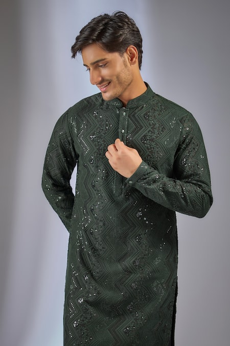 SALIL BHATIA_Green Modal Embroidery, Sequins Pracheen Mahal Embellished Kurta Set _Online_at_Aza_Fashions