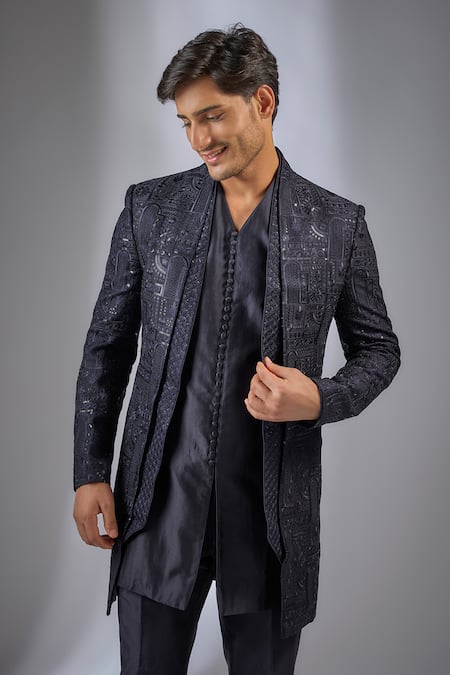 Buy SALIL BHATIA Navy , Chanderi Sequins, Raas Mahal Embellished Jacket Kurta Set Online at Aza Fashions Buy_SALIL BHATIA_Navy , Chanderi Sequins, Raas Mahal Embellished Jacket Kurta Set _Online_at_Aza_Fashions
