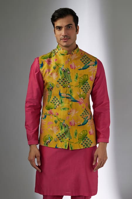 Buy_SALIL BHATIA_Yellow , Chanderi Rang Mahal Printed Nehru Jacket And Kurta Set _Online_at_Aza_Fashions