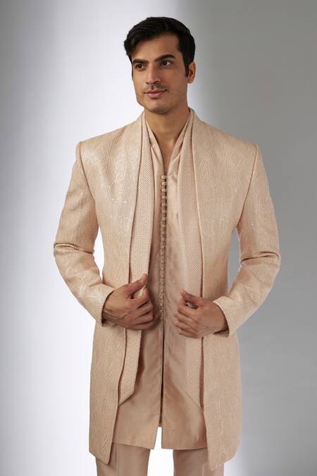 SALIL BHATIA_Beige Chanderi Silk Sequins, Reet Mahal Embellished Jacket And Kurta Set _Online_at_Aza_Fashions