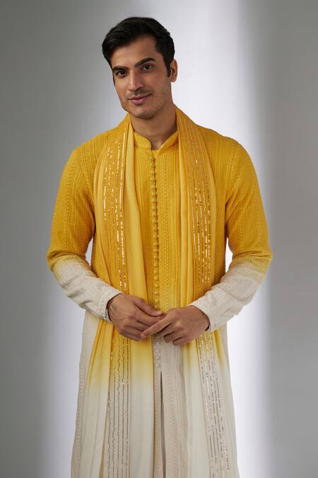 Buy_SALIL BHATIA_Yellow Georgette, Modal, Satin Embroidery Bel Boota Ombre Thread Work Kurta Set _Online_at_Aza_Fashions
