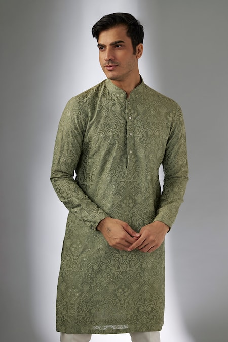 Buy_SALIL BHATIA_Green Chanderi Silk Embroidery, Sequins Raj Mahal Embellished Kurta Set _Online_at_Aza_Fashions