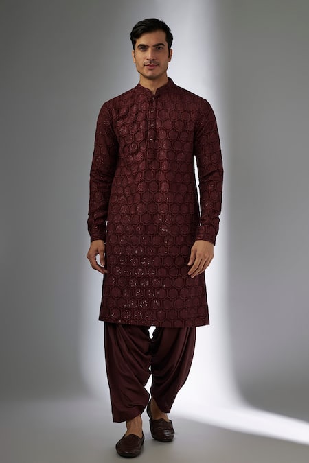 SALIL BHATIA Wine Modal, Satin Sequins, Embroidery, Metallic Bel Boota Embellished Kurta Set 
