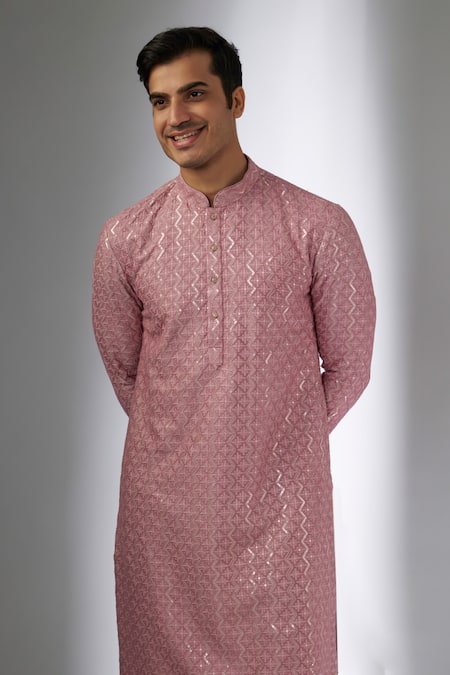 Buy_SALIL BHATIA_Pink , Chanderi Embroidery, Surat Mahal Thread Embellished Kurta Set _Online_at_Aza_Fashions
