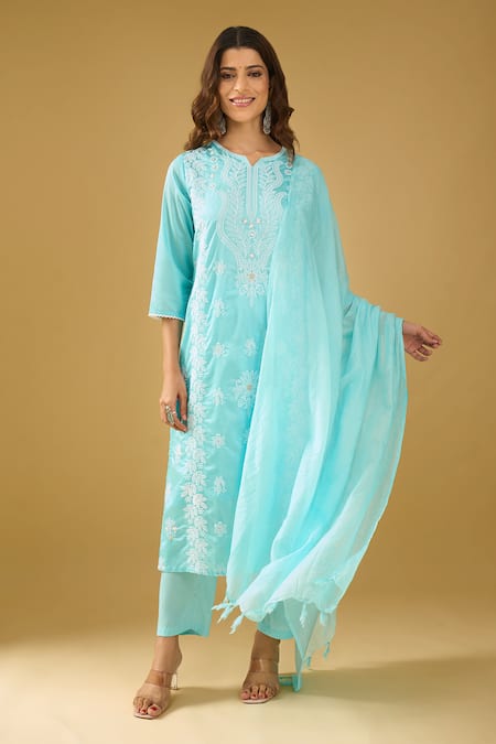 Naintara Bajaj Aqua Chanderi Silk, Shantoon, Kota Doria Embroidery, Chikankari Kurta Set