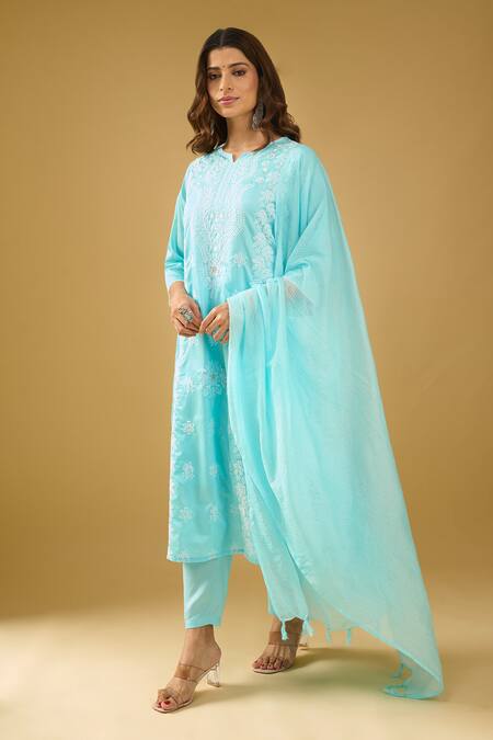 Buy_Naintara Bajaj_Aqua Chanderi Silk, Shantoon, Kota Doria Embroidery, Chikankari Kurta Set _Online_at_Aza_Fashions