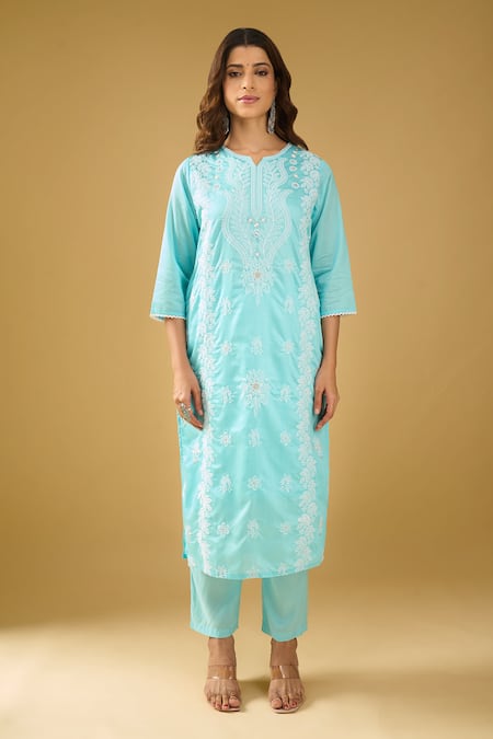 Shop_Naintara Bajaj_Aqua Chanderi Silk, Shantoon, Kota Doria Embroidery, Chikankari Kurta Set _Online_at_Aza_Fashions
